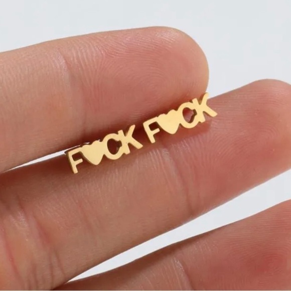 NEW 18K Gold Plated “F❤️CK” Post/ Stud Earrings Over 316L Stainless Steel - Picture 1 of 4